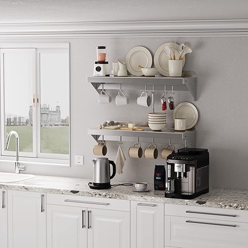 12' x 36' NSF Certified Stainless Steel Wall Mount Shelf - Multifunctional Metal Storage Rack with Backsplash and 6 Hooks - Poueer