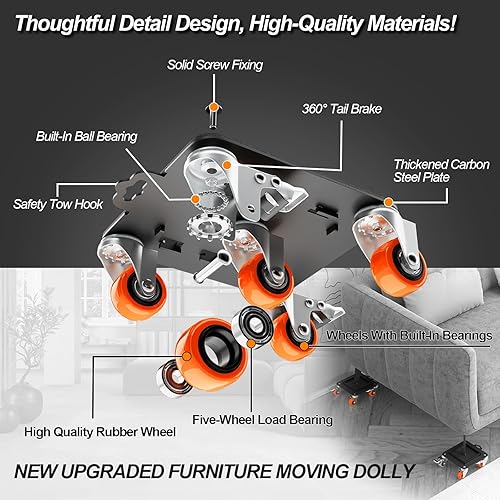 Furniture Dolly 5 Wheels Heavy Duty with Removable Side Guards,3307 Lbs Capacity,360° Rotating Wheels & Tail Brake,Furniture Movers Lifter Tool with Wheels for Appliances,Sofas,Beds,Pianos - Poueer