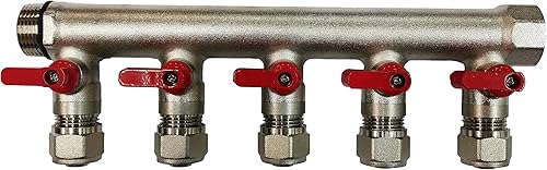 5 Loop Plumbing Manifold w/ 3/4' trunk & 1/2' pex ball valves, red handle - Poueer
