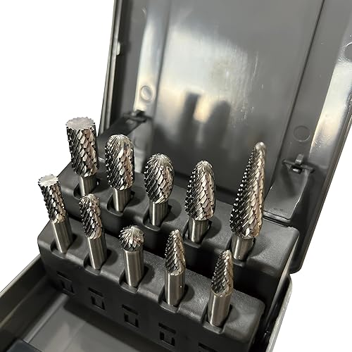 Carbide Burr Set 10pcs Die Grinder Bits 1/4'(6.35MM) Shank Double Cut Tungsten Carbide Rotary Burr Compatiable with Most Rotary Tools for Die Grinder Steel Welds Wood Carving Cutting Polishing - Poueer