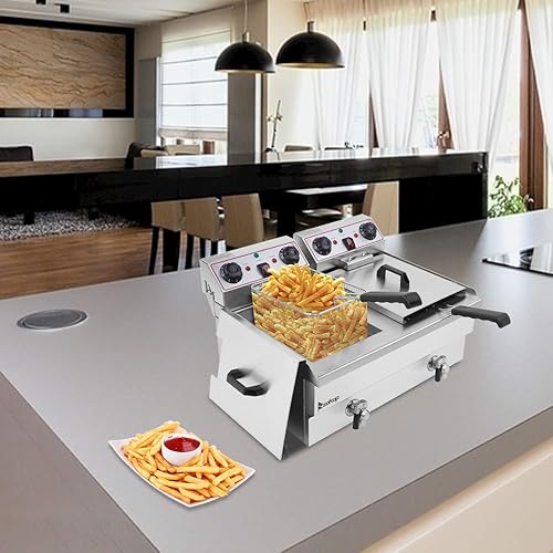 1700W Commercial Stainless Steel Deep Fryer 12.5QT with Oil Drain Faucet, 60-Min Timer & Thermostat Control - 8L Large Capacity for Restaurants/Home Use - Poueer