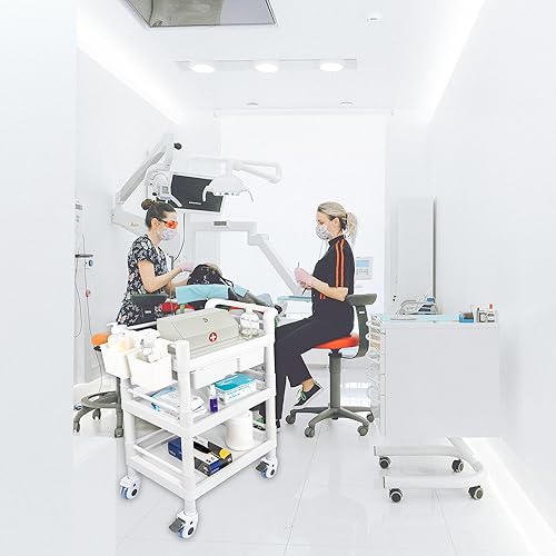 Medical Mobile Trolley Cart 3 Tier 500 Lbs Spacious Beauty Salon Rolling Trolley with Dirt Buckets Drawers 360°Rotate Wheels Heavy Duty Medical Utility Cart for Hospital Dental Clinic - Poueer