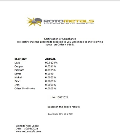 Lead Cast Rod - 1.25 inch Diameter x 1 Foot Length - Poueer