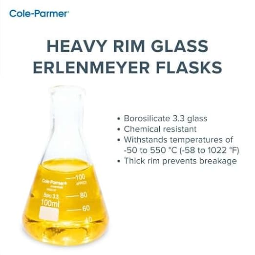 Cole-Parmer Glass Erlenmeyer Flasks, Graduated, Heavy Rim, 500 mL (16 oz); 8/Pk - Poueer