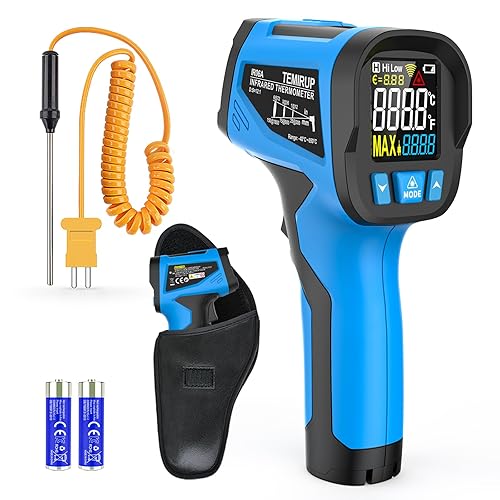 Infrared Thermometer Temperature Gun - TEMIRUP Non-Contact Digital Laser Thermometer Temp Gun with Thermocouple Probe for Industrial, Cooking, Griddle, Engine, HVAC, Adjustable Emissivity,-40℉~1202℉ - Poueer