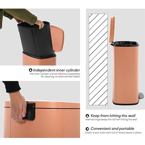 Trash Can, Garbage Can 13 Gallon/ 50L Stainless Steel Metal Bathroom Step Waste Bin for Home and Kitchen Waste and Recycling,Pink - Poueer