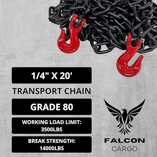 4-Pack Falcon Cargo 1/4' X 20' Grade 80 Transport Binder Chain - 3,500 LBS WLL - Clevis Grab Hook, Tie-Down, Towing - Poueer