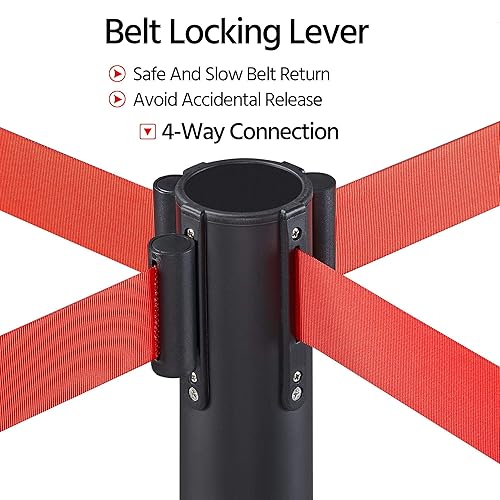 Yaheetech 4-Pack Stanchion Post Rope Barriers - Heavy Duty Black Crowd Control Stanchions 36-Inch Height with 6.5 Feet Red Retractable Belt Easy Connect Assembly - Poueer