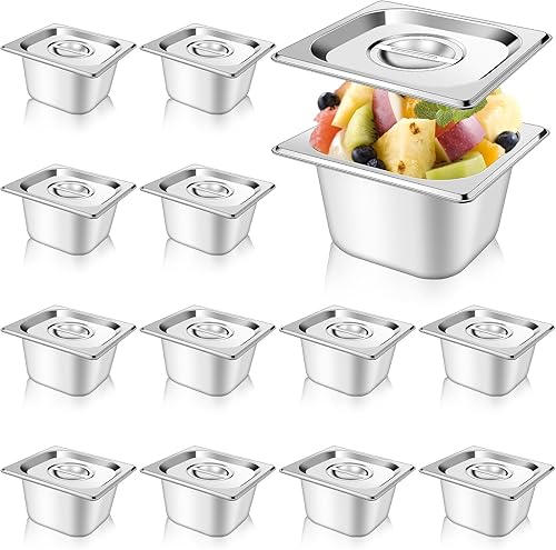 12 Set 1/6 Size Stainless Steel Hotel Pans with Lids 4' Deep Steam Table Pan Food Pan Lid with Handled Catering Food Storage Metal Anti Jam Steam Pans Cover for Fruits Vegetables Restaurant Hotel - Poueer