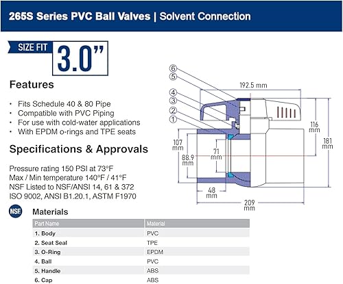Midline Valve 487T400 PVC Ball Valve; Blue T-Handle for Potable Water; 4 in. Solvent Connections; White Plastic - Poueer