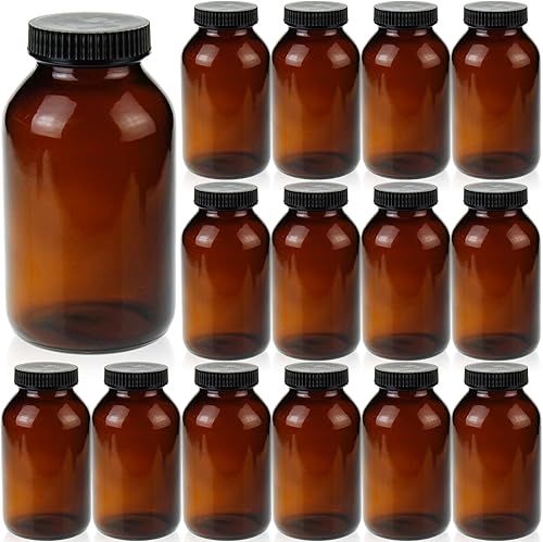 200 ml(6.7 OZ) Amber Glass Wide Mouth Packer Bottle with Black Ribbed Cap, Pack of 24 bottle - Poueer
