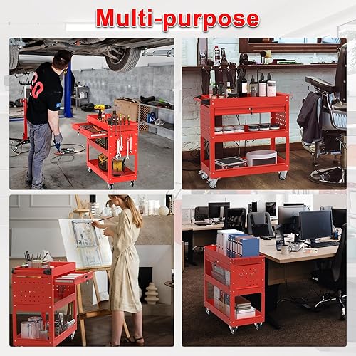 3 Tier Foldable Service Cart with Wheels, Rolling Collapsible Folding Utility Cart for Home, Office, Garage, and Warehouse (Red) - Poueer