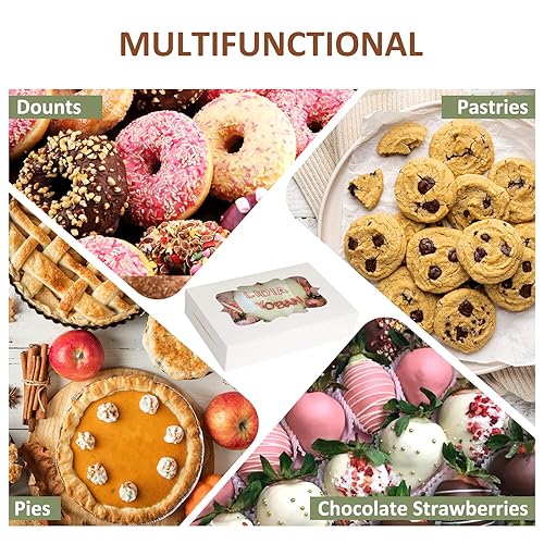 TOMNK 60pcs Bakery Boxes, 12x8x2.5 Inches 3 Style Cookie Boxes, Treat Containers with Window for Mother's Day, Candies, Chocolate Strawberries, Cakes, Muffins, Donuts - Poueer