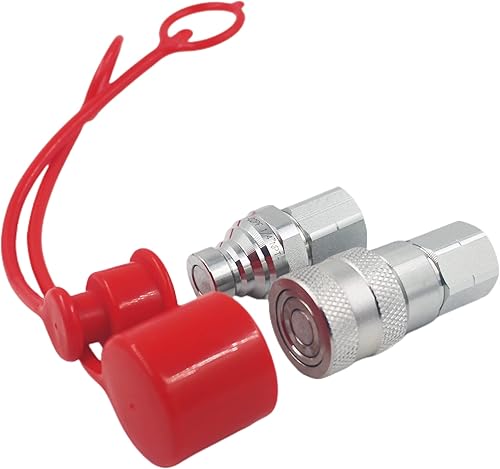 1/2'' NPT Flat Face Hydraulic Quick Connect Coupling Set Skid Steer Loader Quick Disconnect Coupler with Dust Caps ISO12.5 - Poueer