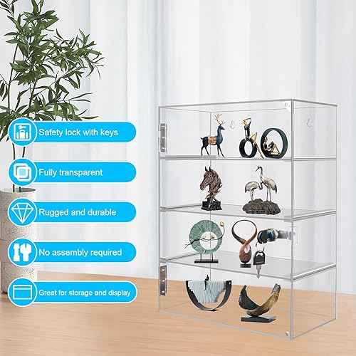 Locking Display Case,Showcase Display Cabinet,4-Tier Acrylic Display Case with Lock Key,Clear Detachable Countertop Display Cabinet with Shelves for Figures Rock Collectibles(11.81x5.31x15.75 inch) - Poueer
