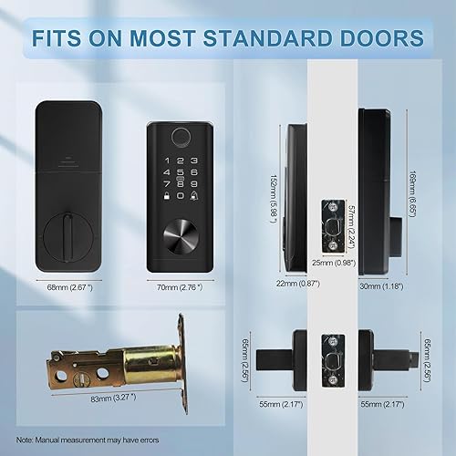 Fingerprint Smart Keypad WiFi keyless Entry Door Lock Set with Lever Handle, Electronic Biometric Front Digital Deadbolt TT Lock Set, Black - Poueer
