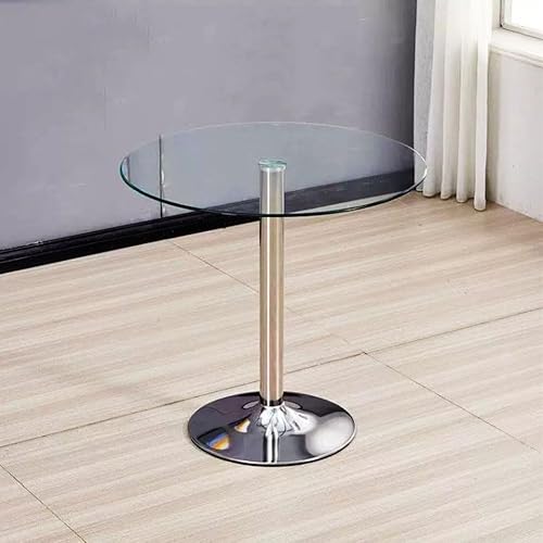 Round Glass Top Pedestal Table Glass Kitchen Dining Table 60/70/80cm Modern Circular 2-4 Seater Breakfast Bistro Table Chrome Base (70cm/27.3”) - Poueer