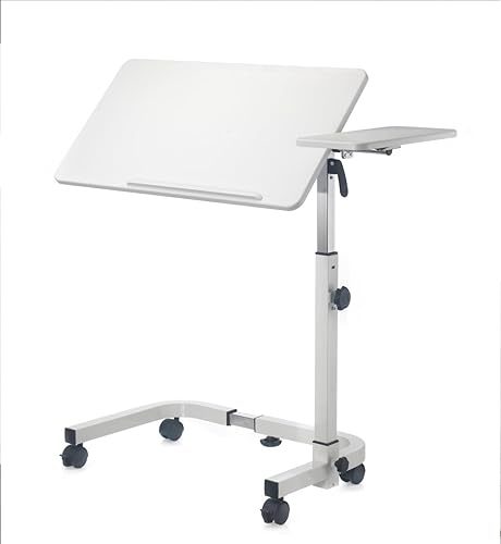 VMS Tilt Top Overbed Table - Adjustable Height Bedside Table for Homecare, Hospitals, and Medical Facilities (Wood Grain) - Poueer