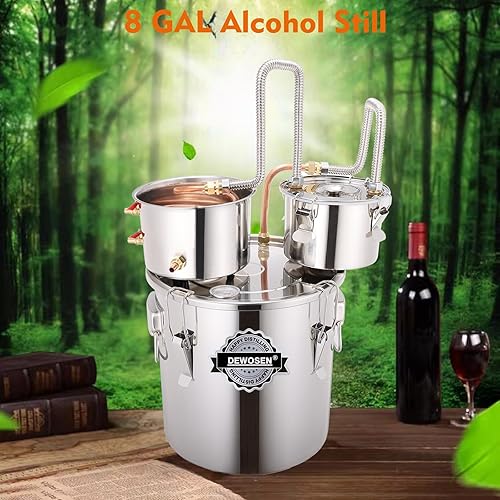Alcohol Still 8 Gallon 2 Pots Shine Still Distillery Kit for Alcohol Stainless Steel Copper Tube Complete with Water Pump Metal Thermometer Airlock Brew Bag Proof Alcoholmeter Test Kit - Poueer