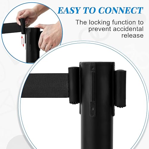 Geelin 6 Pack 9.8 ft Heavy Duty Crowd Control Stanchions Stainless Steel Stanchion Set with 6 Safety Barrier Post with Retractable Belt and 1 Sign Holder Crowd Control Barrier (Black) - Poueer