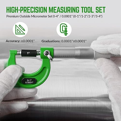 Premium Outside Micrometer Set 0-4' / 0.0001' (0-1'/1-2'/2-3'/3-4') Precision Machinist Tools w/Carbide Tips, Standards, Ratchet Stop, Green - Poueer