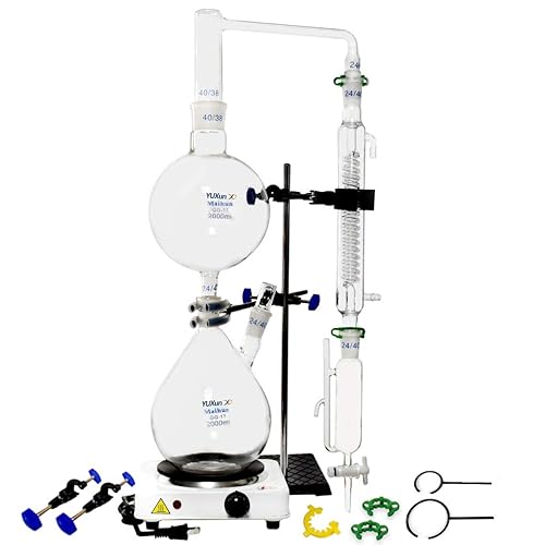 2000ml Essential Oil Distillation Apparatus Lab Glassware Kits Steam Water Distiller Purifier Kits w/Hot Stove Separating Funnel Graham Condenser S35 and 24/40 Joint - Poueer