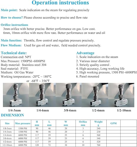 Needle valve 1/2' NPT, 10mm orifice, Micro flow control valve, Accurate dials, stainless steel, Regulating Valve, Instrument Gauge - Poueer