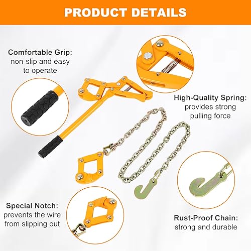 Chain Fence Strainer, Heavy Duty Fence Stretcher Tensioner, Capacity 2200lbs Steel Fence Repair Tool, Plain Barbed Woven Wire Stretcher Tool for Center & End Post Pull - Poueer