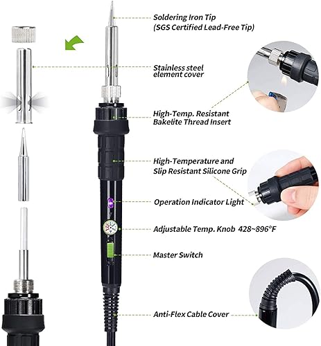YIHUA 928D-III Soldering Iron,110W High Power, Fully Digital Display °F /°C- Temperature Control Soldering Tool, Accurate 194~896°F, with ON/OFF Switch, Iron Tip, Brass Wool, Automatic Sleep Mode - Poueer