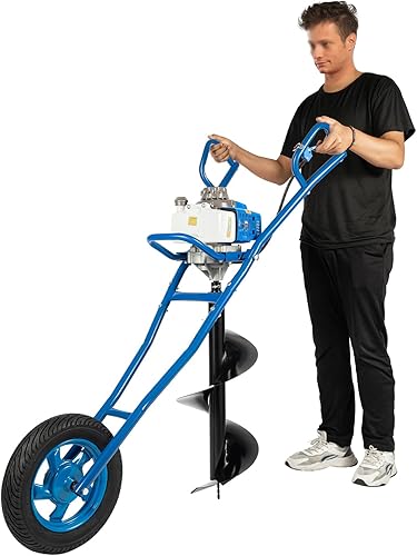 63CC 2-Stroke Gas Powered Earth Auger Post Hole Digger, 3HP Auger Post Hole Digger with 11.81' Drill, Earth Auger Gas Auger Fence Post Auger for Garden & Lawn Digging Planting Drilling (Blue) - Poueer