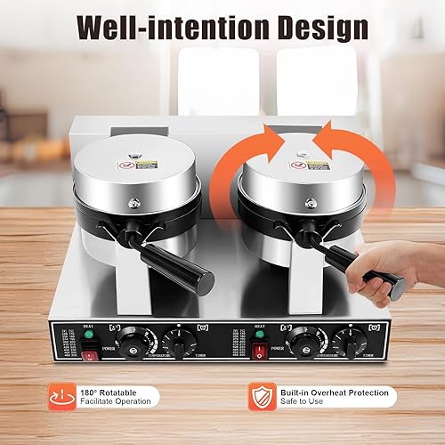Commercial Waffle Maker, 2400W Electric Professional Round Double Head Waffle Machine for Household Bakeries Snack Bar - Poueer