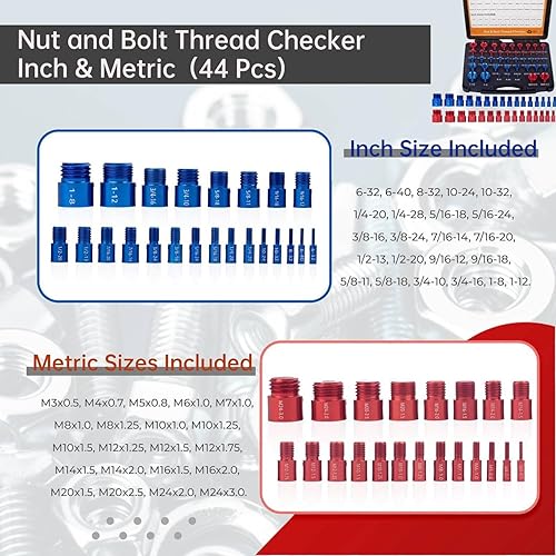 Thread Checker, 44 Nut Bolt Thread Gauge, M3-M24 Metric & 6-32 to 1-12 Inch Thread Identifier, Quickly Accurate Measurements Bolt Size Finder with Storage Case, for Narrow Tricky Area - Poueer