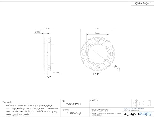FAG 51207 Grooved Race Thrust Bearing, Single Row, Open, 90° Contact Angle, Steel Cage, Metric, 35mm ID, 62mm OD, 18mm Width, 4000rpm Maximum Rotational Speed, 15000lbf Static Load Capacity, 8000lbf Dynamic Load Capacity - Poueer