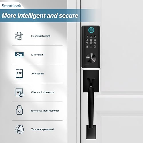 Smart Keyless Fingerprint Keypad WiFi Door Lock Set with Handle, Front Entry Digital Electronic Biometric Deadbolt TT Lock Set, Black - Poueer