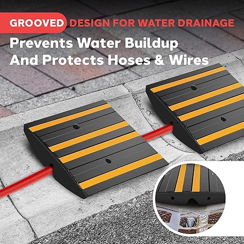 Pyle 1 Ft. Rubber Curb Ramp - Pack of 2 Heavy Duty Non-Slip Threshold Ramps for Driveways & Sidewalks, Yellow Reflective Strips, Marine Grade, Expansion Screws Included, 12.0’’x 16.0’’ x 2.6’’ Inches - Poueer