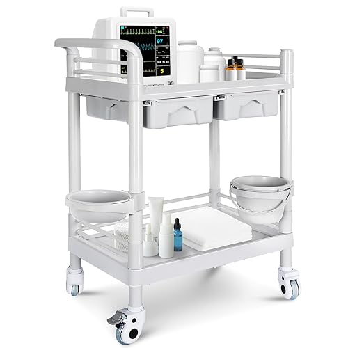 Mobile Medical Cart, 2 Tier Trolley 330 Lbs, with 2 Drawers Carts, Beauty Salon Rolling Trolley with Dirt Buckets, 360° Rotate Wheels, Heavy Duty Medical Utility Cart for Hospital Dental Clinic - Poueer