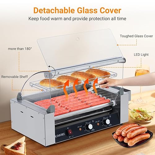 7-Roller Hot Dog Roller Machine with Dual Temperature Control, Holds 18 Hot Dogs, Non-Stick & Stainless Steel, LED Light, for Parties, Events & Food Stalls 1050W - Poueer
