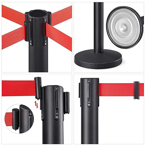 Yaheetech 4-Pack Stanchion Post Rope Barriers - Heavy Duty Black Crowd Control Stanchions 36-Inch Height with 6.5 Feet Red Retractable Belt Easy Connect Assembly - Poueer