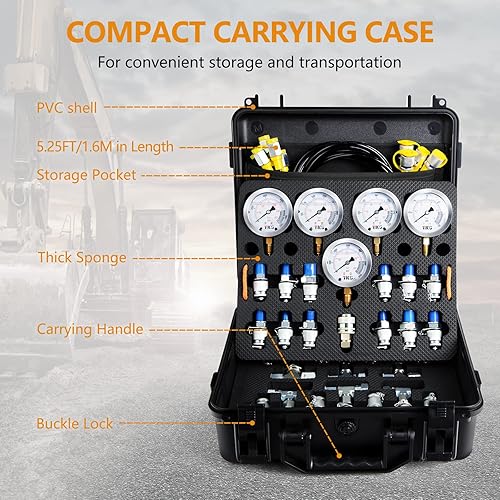 Hydraulic Pressure Test Kit，600bar /8700psi / 60mpa 5 Gauges 14 Tee Connectors 13 Test Couplings 5 Test Hoses, Hydraulic Gauge Kit Sturdy Carrying Case - Poueer