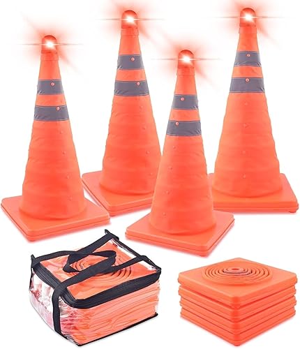 ERKOON 4 Pack 18 inch Collapsible Traffic Cones with Bag, Safety Cones with 4 LED Safety Road Parking Cones Driving Construction Cones Fluorescent Orange Pop Up Reflective Safety Traffic Cones - Poueer