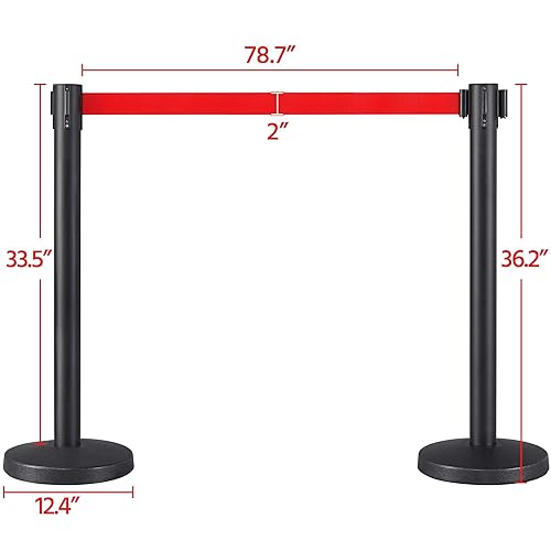Yaheetech 4-Pack Stanchion Post Rope Barriers - Heavy Duty Black Crowd Control Stanchions 36-Inch Height with 6.5 Feet Red Retractable Belt Easy Connect Assembly - Poueer