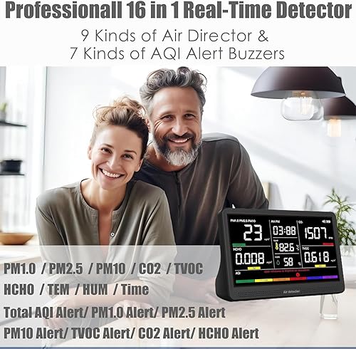 Professional Indoor Air Quality Monitor with 7X AQI Beep Alarms,16 in 1 Portable Real-Time Detector for PM2.5 | PM10 | CO2 | TVOC | HCHO | Temp | Hum for Home Cars Plants Pets - Poueer