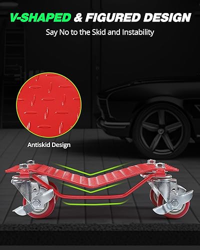 Car Dolly Set of 4, 6000LBS Capacity Wheel Dolly, Heavy Duty Car Tire Dolly Wheels Cart Moving Cars, Heavy Duty Vehicle Dolly with 360° Rotational Wheel, Red - Poueer