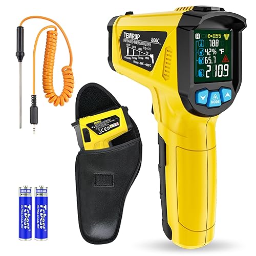 Infrared Thermometer Gun, TEMIRUP Non Contact Digital Laser Temperature Gun with K-Probe for Industrial, Cooking, Griddle,Engine, HVAC, Humidity,Adjustable Emissivity -58°F to 1472°F(-50~800°C) - Poueer