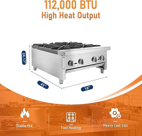 4 Burners Gas Stove, Propane and Natural Gas Commercial Hot Plate, 24' Stainless Steel Wok Countertop Commercial Range, Outdoor Cooker, Restaurant Equipment Gas Stove Burner - Poueer