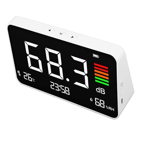 Decibel Meter, Digital Desktop Sound Level Meter 30-130dBA with Temperature and Humidity Detection for Home School Library DM219N - Poueer