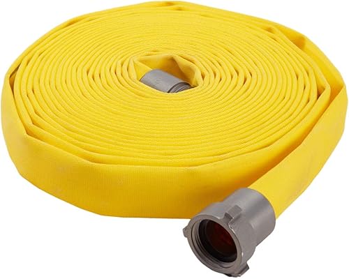 Fire Hose - 1' x 50' Lay Flat Water Hose - Made in the USA - Yellow Forestry Firefighter Hose - NPSH Couplings - Poueer