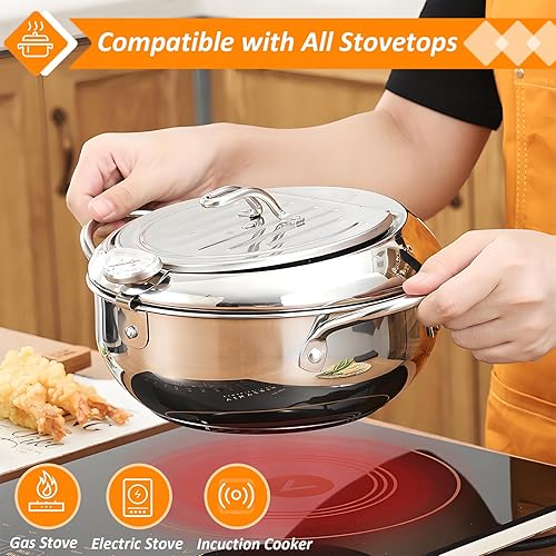 Deep Fryer Pot, 11 Inch 4.2L Stainless Steel Japanese Tempura Frying Pot with Lid, Temperature Control, Oil Drip Drainer Rack for Fried Chicken, Shrimp, French Chips - Poueer