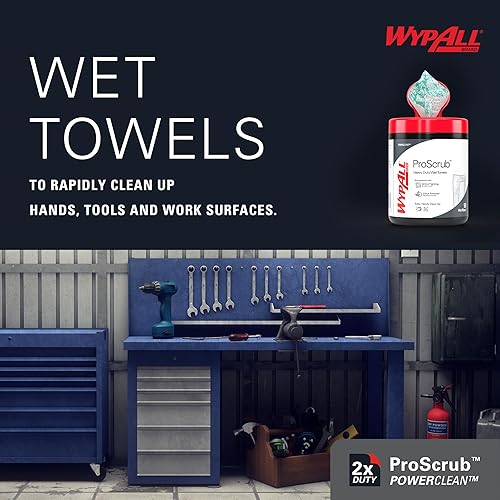 WypAll PowerClean ProScrub Heavy Duty Wet Towels (91371), Dual Action Cleaning, Large 9.5' x 12' Wipes, Bucket Included (6 Containers of 75 Sheets, 450 Sheet Total) - Poueer
