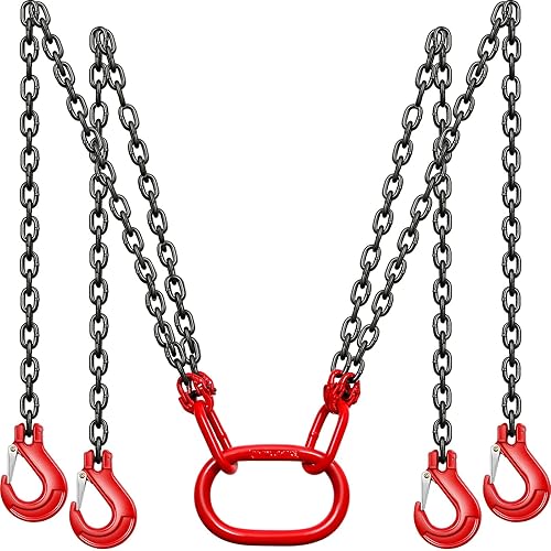 10Ft Chain Sling 5/16 Inch X 10 FT with 4 Leg Grab Hooks Adjustable Lift G80 Alloy Steel Engine Chain Sling for Lifting 5 Ton Capacity - Poueer